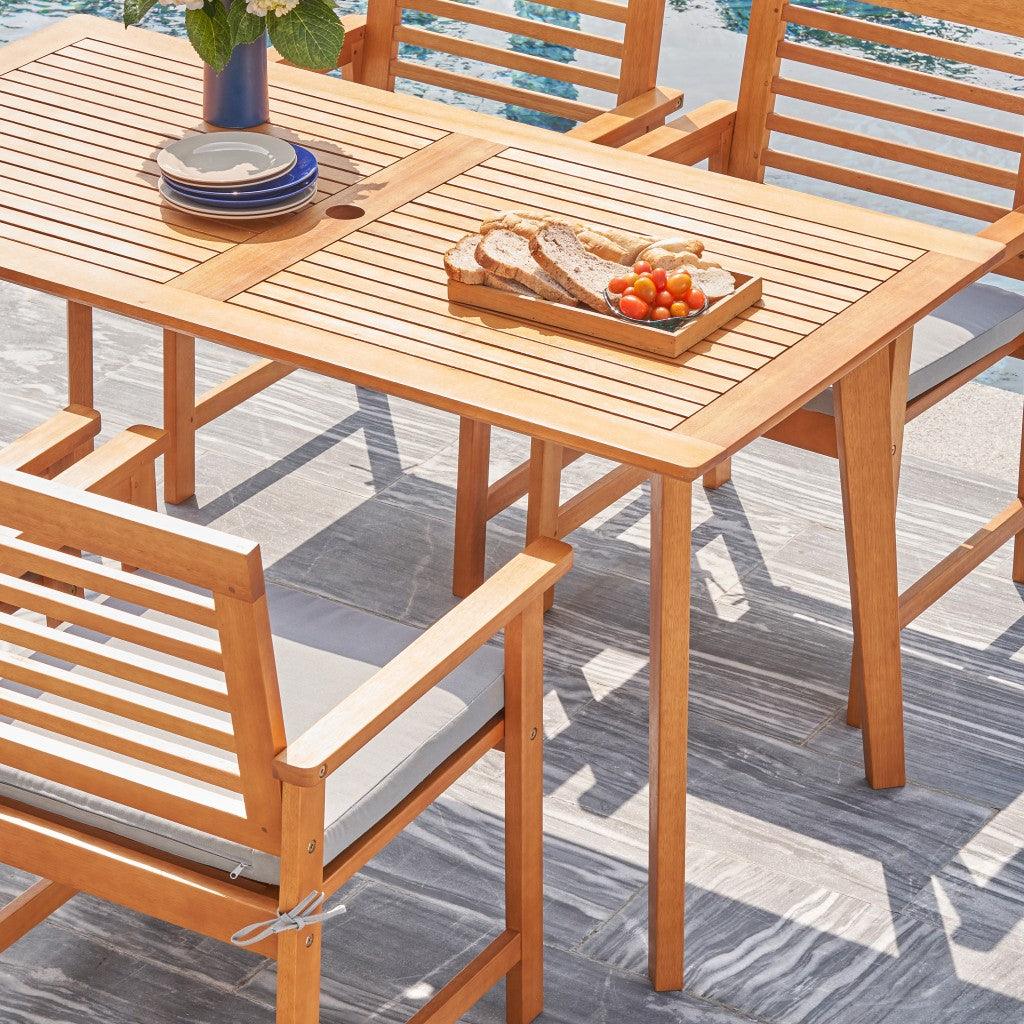 59" Natural Eucalyptus Slat Wood Splay Outdoor Dining Table With Umbrella Hole - FurniFindUSA