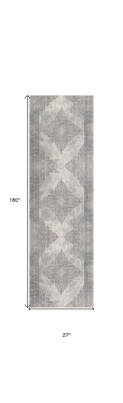 2’ X 10’ Gray Distressed Medallion Runner Rug