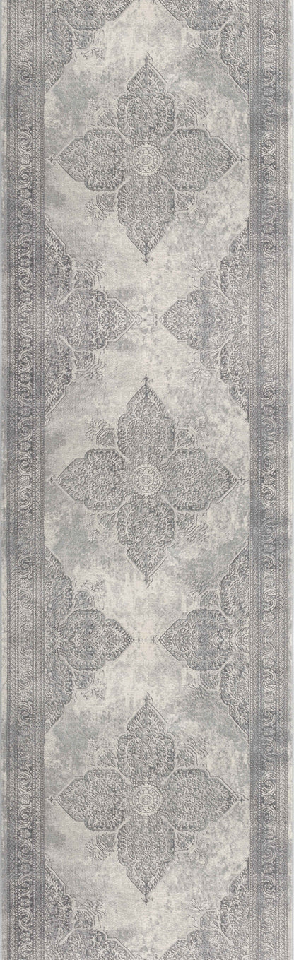 2’ X 10’ Gray Distressed Medallion Runner Rug