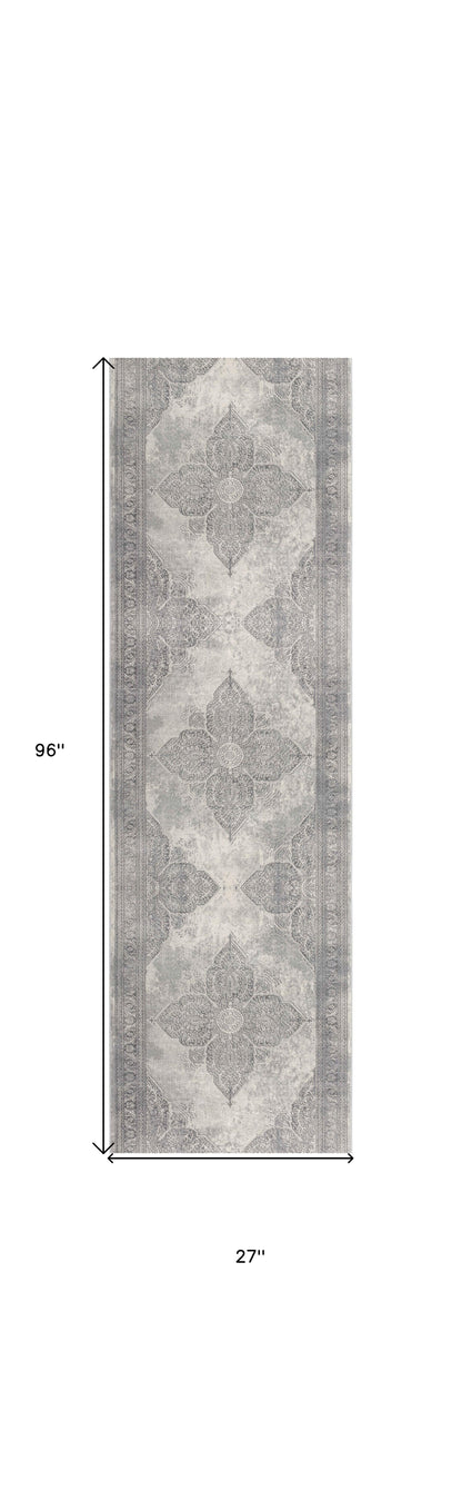 2’ X 10’ Gray Distressed Medallion Runner Rug