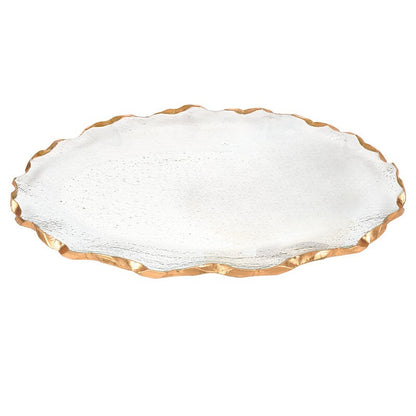 14" Clear Bubble Glass Scalloped Gold Rim Oval Platter