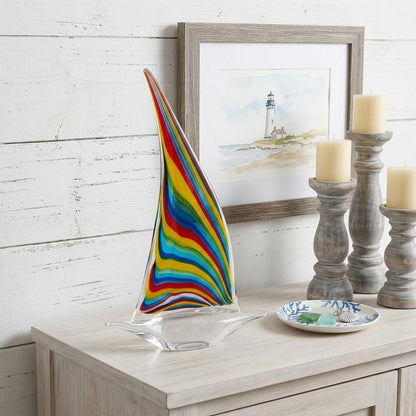 14" Clear Red Blue Yellow Murano Glass Sailboat Tabletop Sculpture HomeRoots