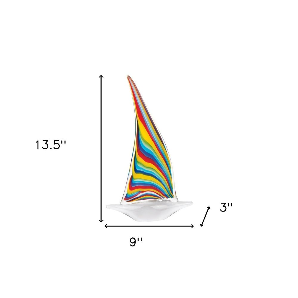 14" Clear Red Blue Yellow Murano Glass Sailboat Tabletop Sculpture HomeRoots