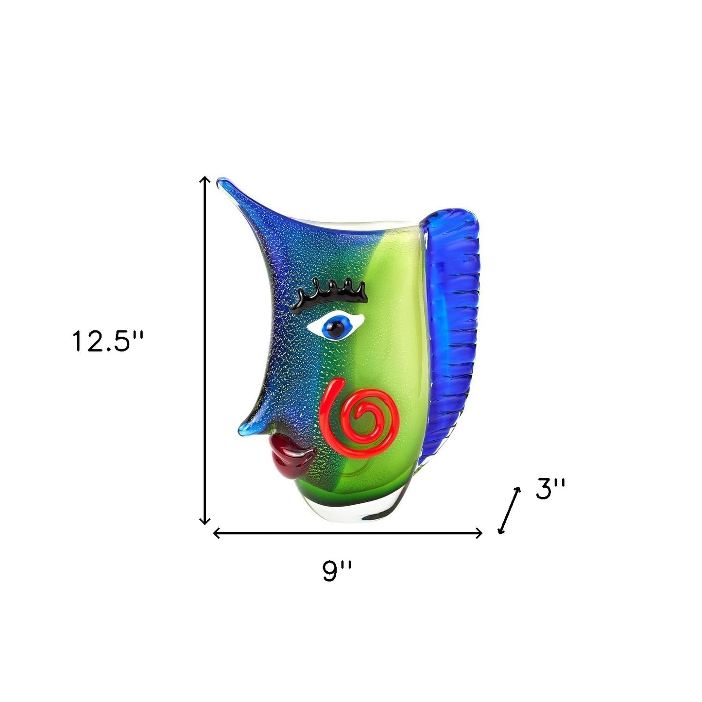 13" Blue and Green Murano Glass Modern Abstract Face Tabletop Sculpture