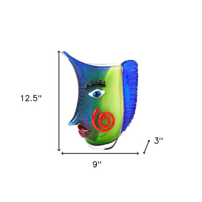 13" Blue and Green Murano Glass Modern Abstract Face Tabletop Sculpture HomeRoots