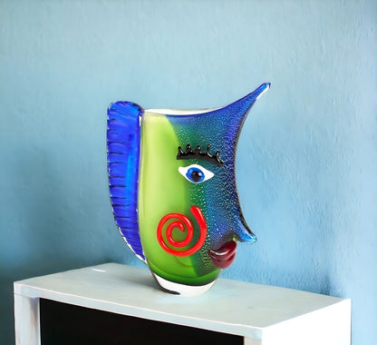 13" Blue and Green Murano Glass Modern Abstract Face Tabletop Sculpture