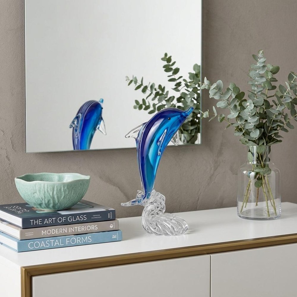10" Blue Murano Glass Dolphin Figurine Tabletop Sculpture HomeRoots