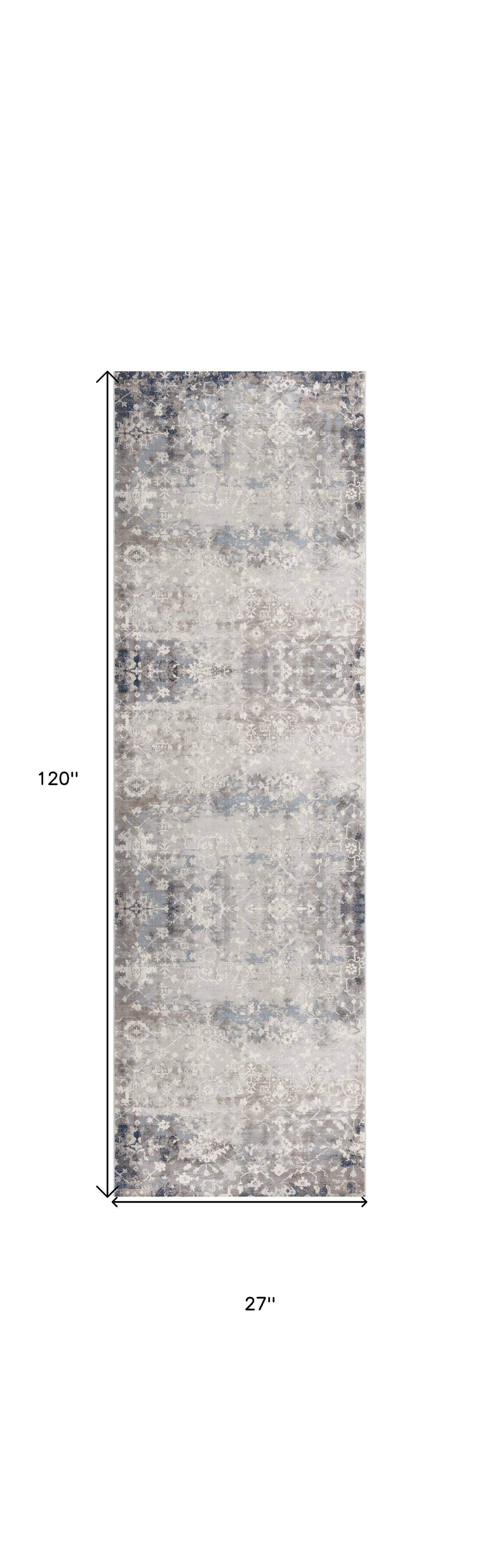 2' X 10' Navy And Beige Distressed Vines Runner Rug - 39.0" (L) x 59.0" (W) x 0.5" (H)