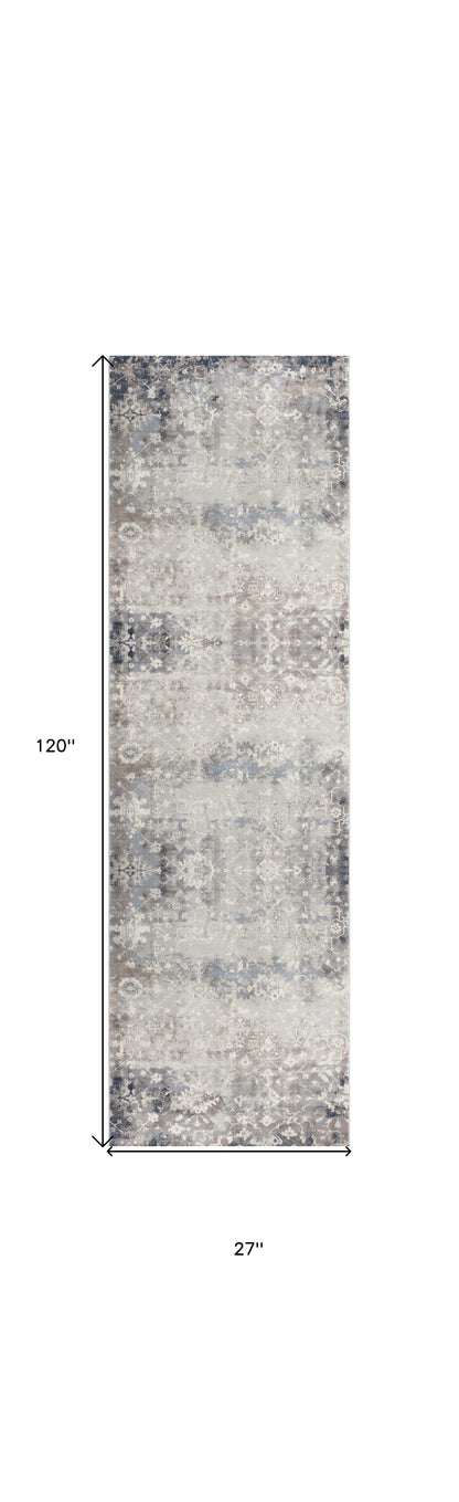 2' X 10' Navy And Beige Distressed Vines Runner Rug - 39.0" (L) x 59.0" (W) x 0.5" (H)