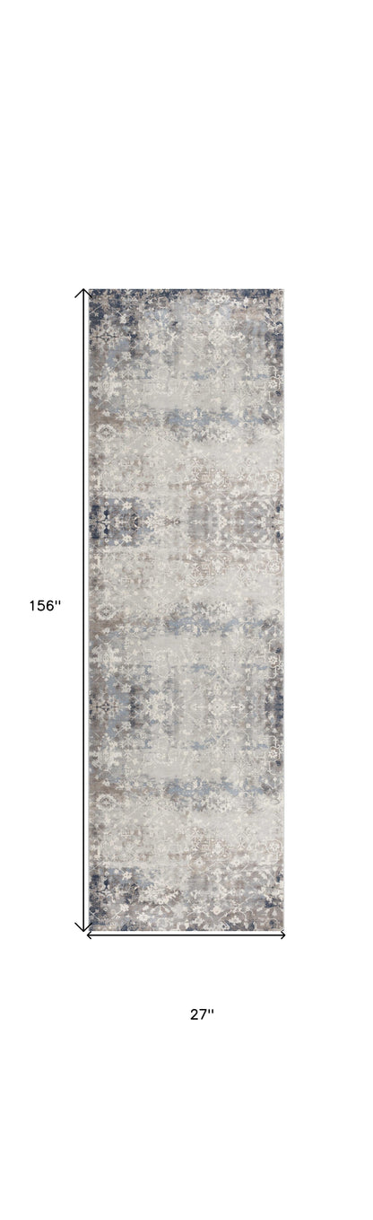 2' X 13' Navy And Beige Distressed Vines Runner Rug - 39.37" (L) x 60.24" (W) x 0.23" (H)