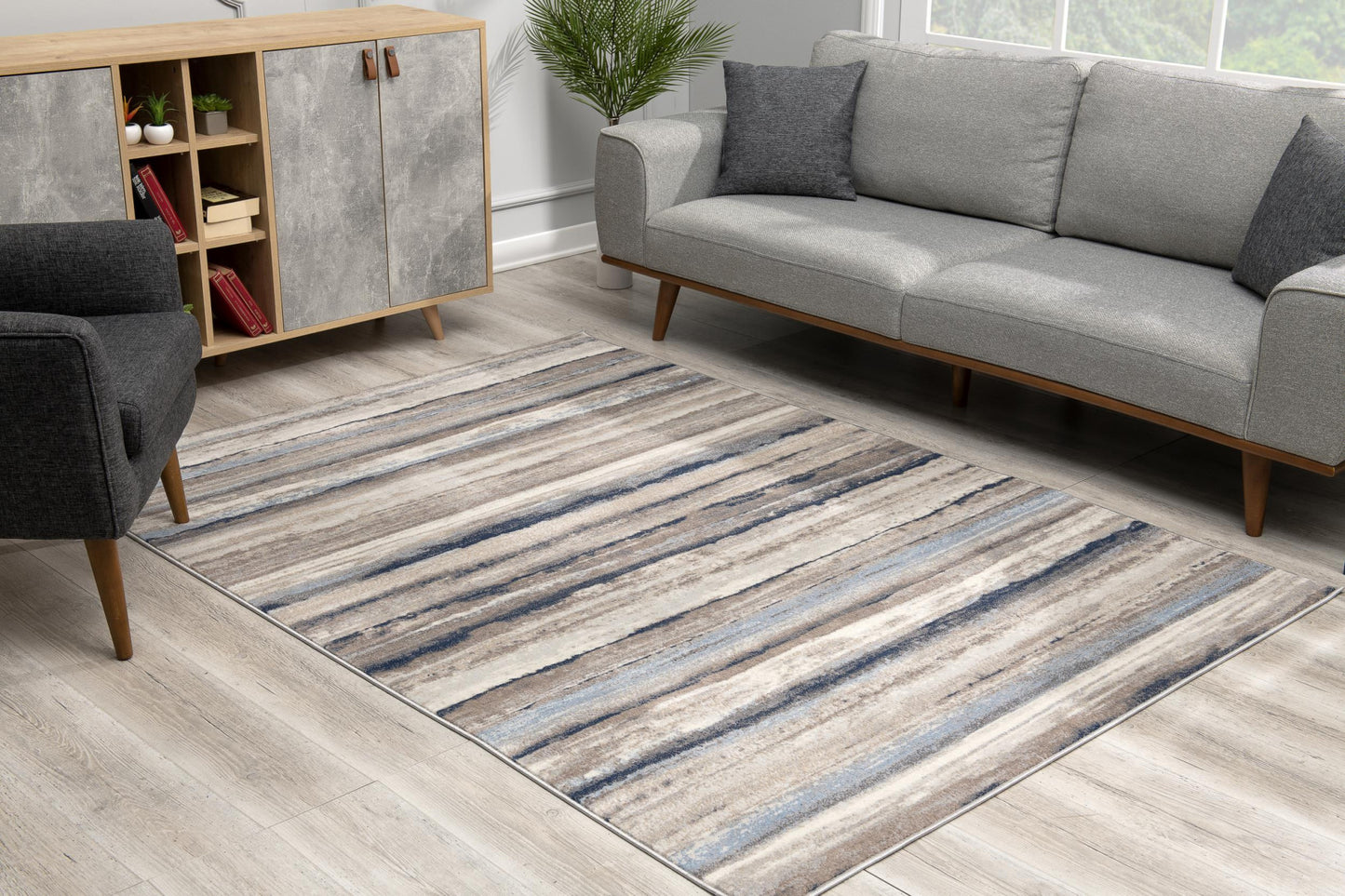 2’ X 3’ Blue And Beige Distressed Stripes Scatter Rug