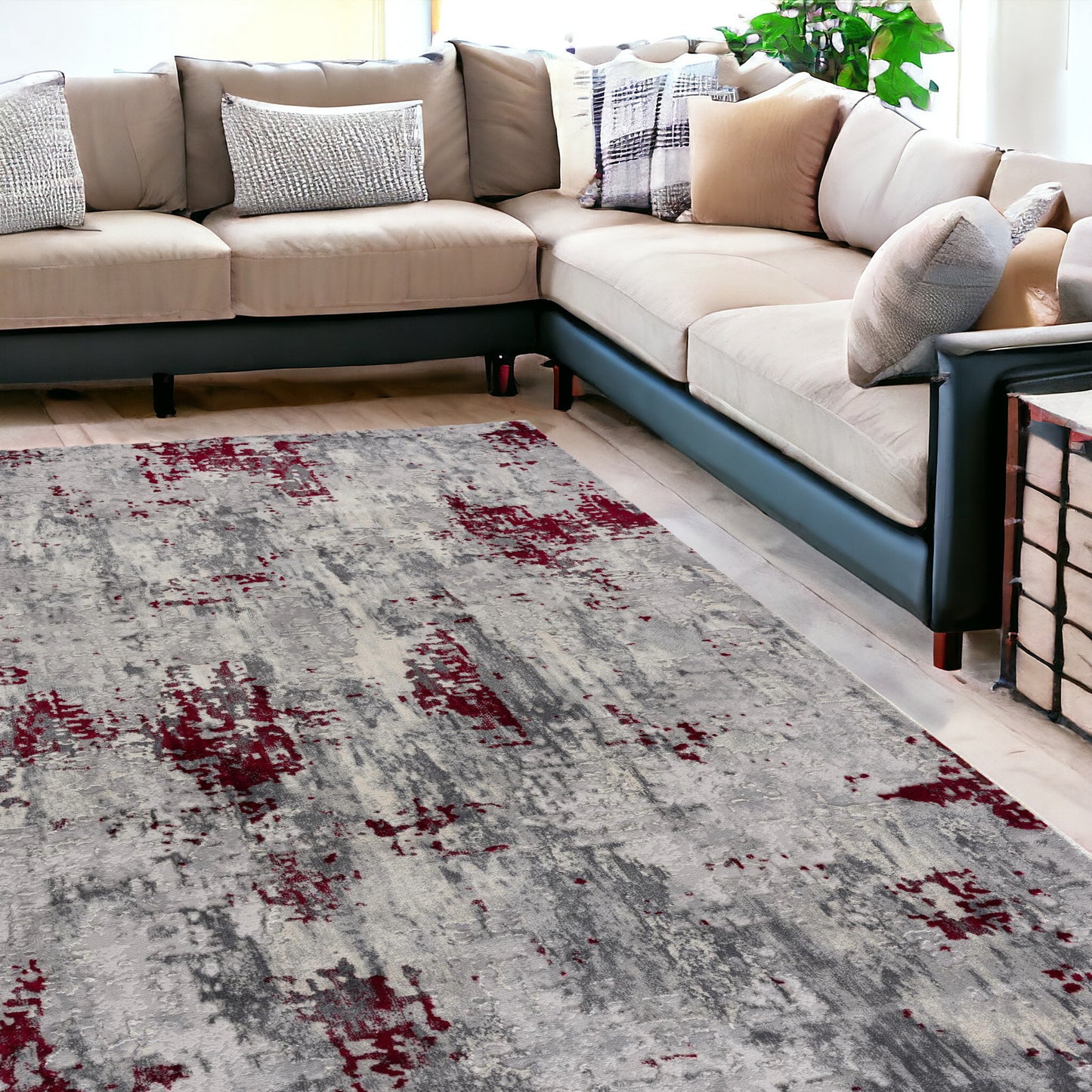 9' X 13' Red and Gray Modern Abstract Area Rug - 110.0" (H) x 150.0" (W) x 0.8" (D)