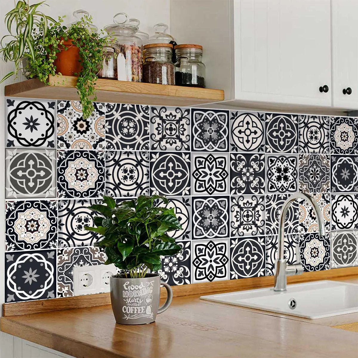 4" X 4" Black White And Tan Peel And Stick Removable Tiles HomeRoots