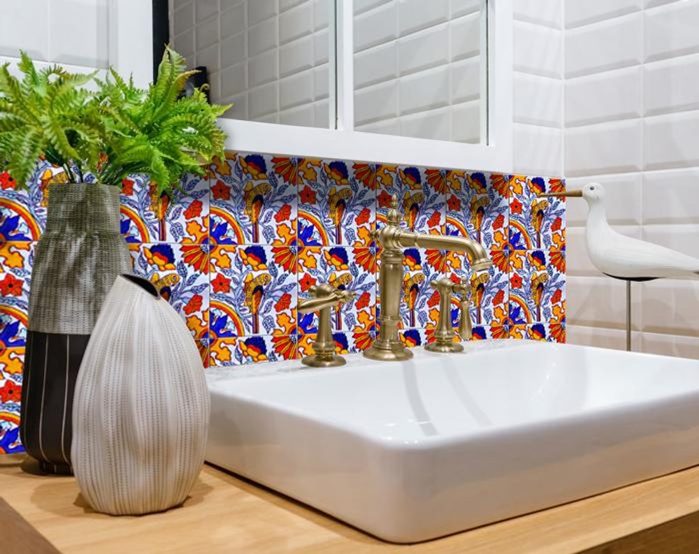 4" X 4" Orange Red And Blue Peel And Stick Removable Tiles HomeRoots