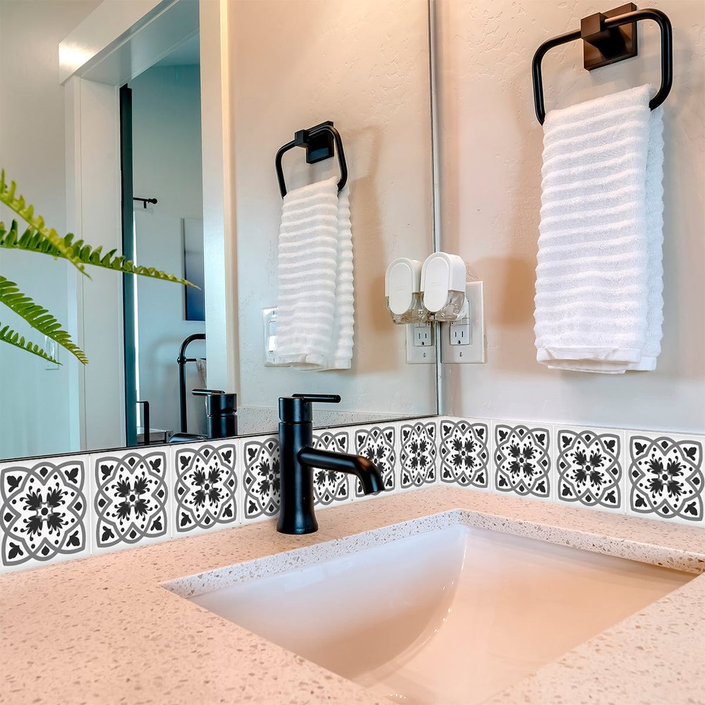 4" X 4" Charcoal And White Scroll Peel And Stick Removable Tiles HomeRoots
