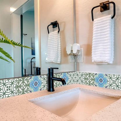 5" X 5" Sage And Aqua Floral Peel And Stick Removable Tiles HomeRoots