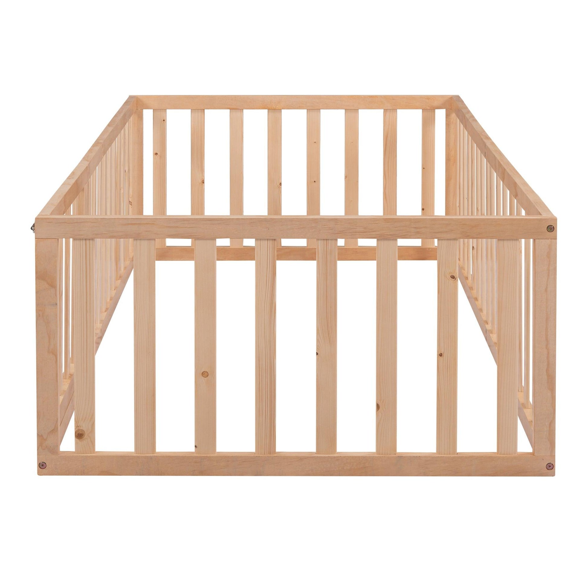 Twin Size Wood Floor Bed Frame with Fence and Door Natural - FurniFindUSA