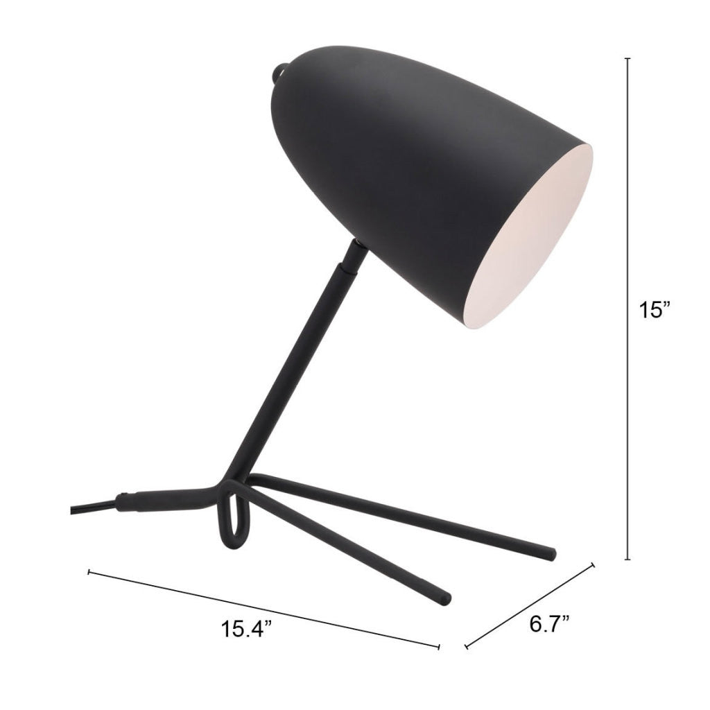 38" Black Metal Bedside Table Lamp With Black Dome Shade