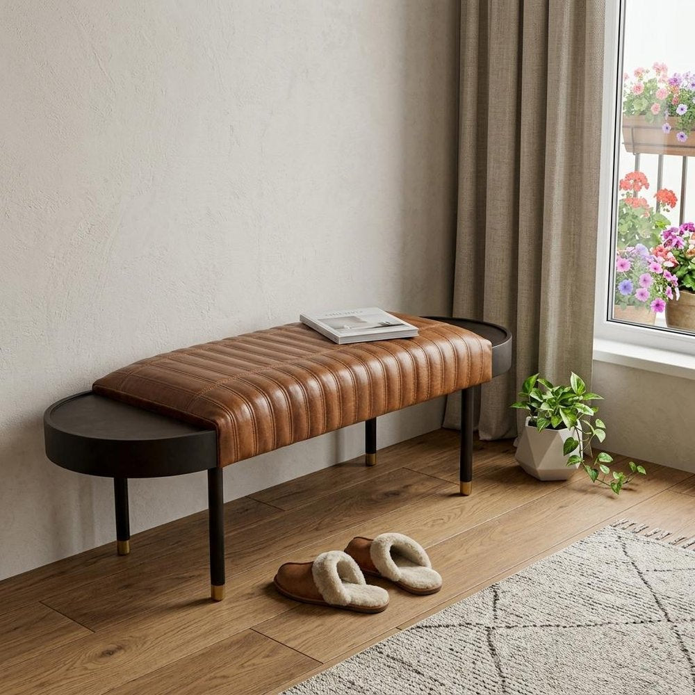 Warm Brown Leather And Solid Wood Bench HomeRoots