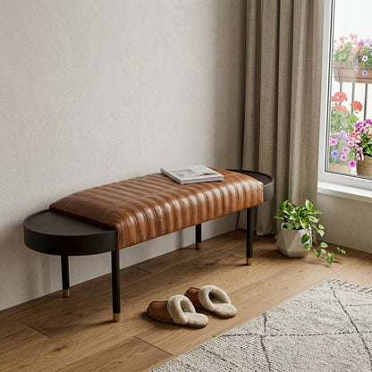 Warm Brown Leather And Solid Wood Bench HomeRoots