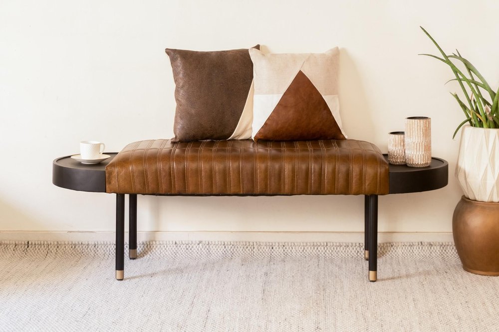 Warm Brown Leather And Solid Wood Bench HomeRoots