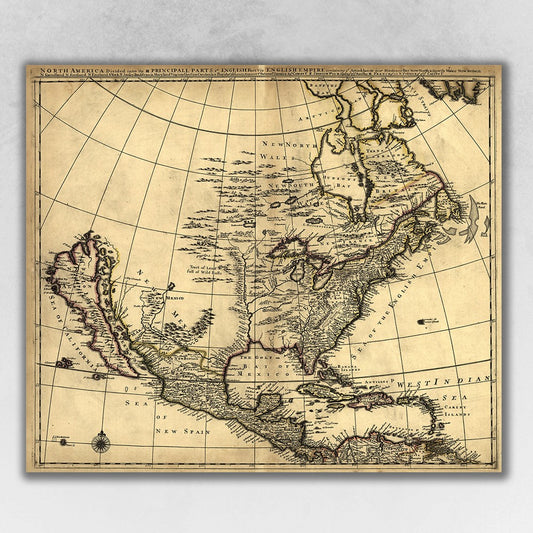 24" X 28" Map Of North America C1685 Vintage  Poster Wall Art