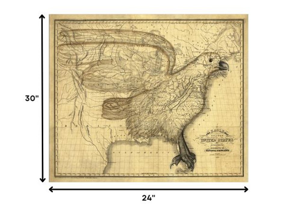24" X 30" Eagle Map Of America C1833 Vintage  Poster Wall Art HomeRoots