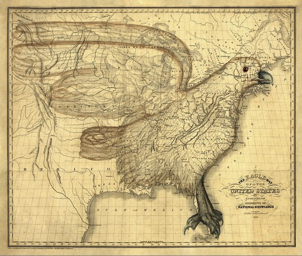 24" X 30" Eagle Map Of America C1833 Vintage  Poster Wall Art HomeRoots