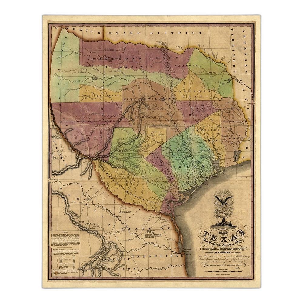 24" X 30" Texas And Surroundings C1837 Vintage Map Poster Wall Art HomeRoots