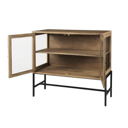 36" Natural Solid Wood Sideboard with Two Glass Doors HomeRoots