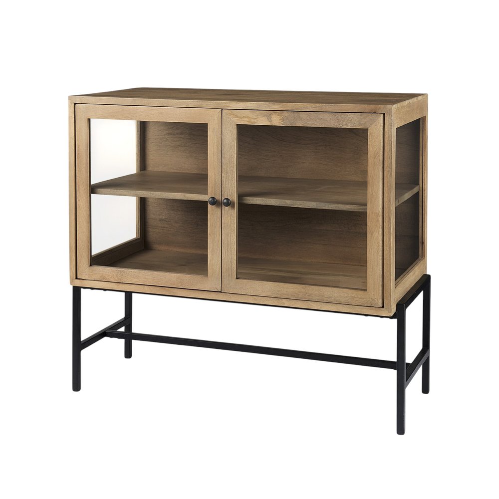 36" Natural Solid Wood Sideboard with Two Glass Doors HomeRoots