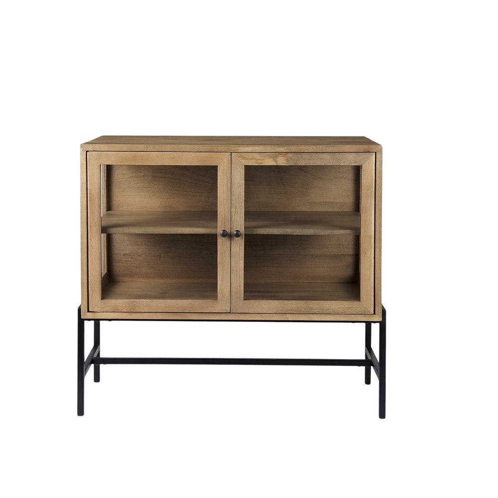 36" Natural Solid Wood Sideboard with Two Glass Doors HomeRoots