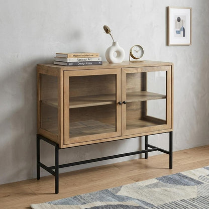 36" Natural Solid Wood Sideboard with Two Glass Doors HomeRoots