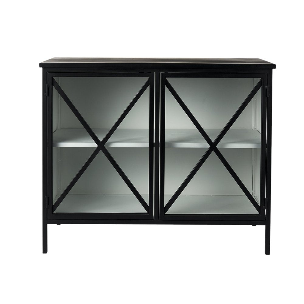 41" Black Iron Sideboard with Two Glass Doors HomeRoots