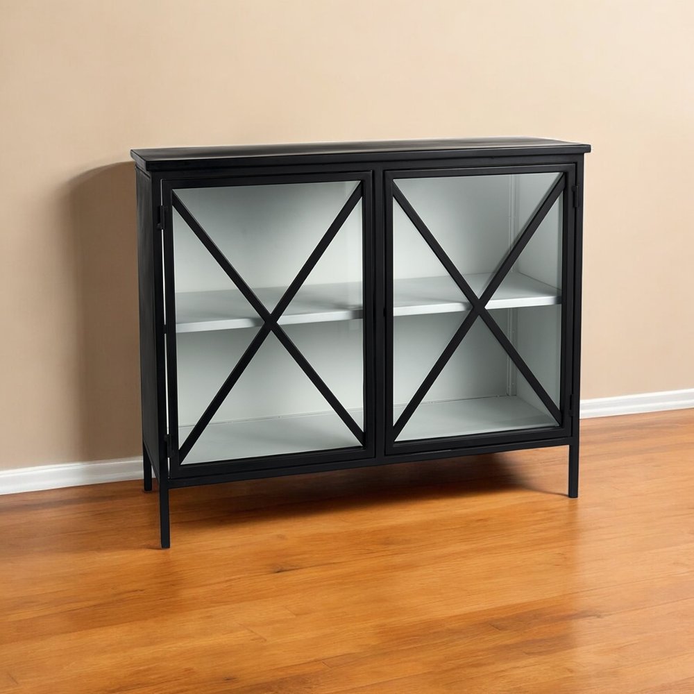 41" Black Iron Sideboard with Two Glass Doors HomeRoots