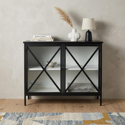 41" Black Iron Sideboard with Two Glass Doors HomeRoots