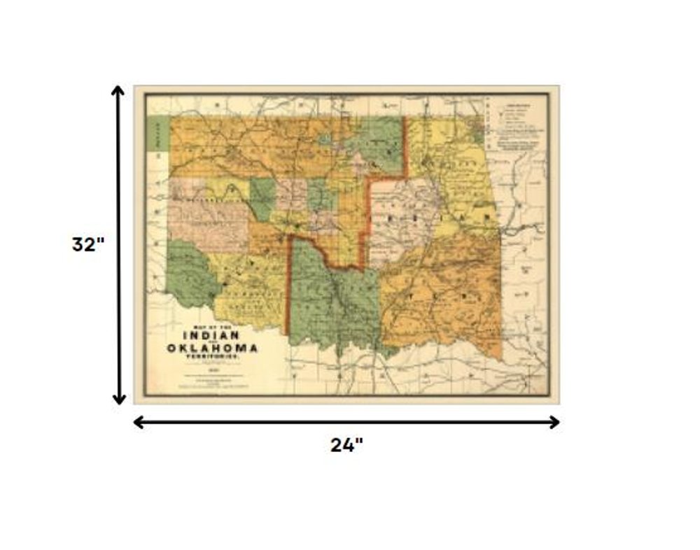 24" X 32" Map Of Indian And Oklahoma Territories Vintage Poster Wall Art HomeRoots