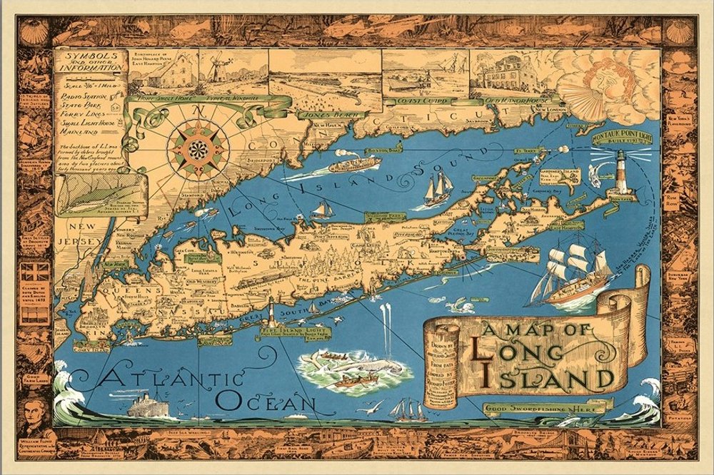 16" x 24" Vintage 1933 Map of Long Island Wall Art HomeRoots