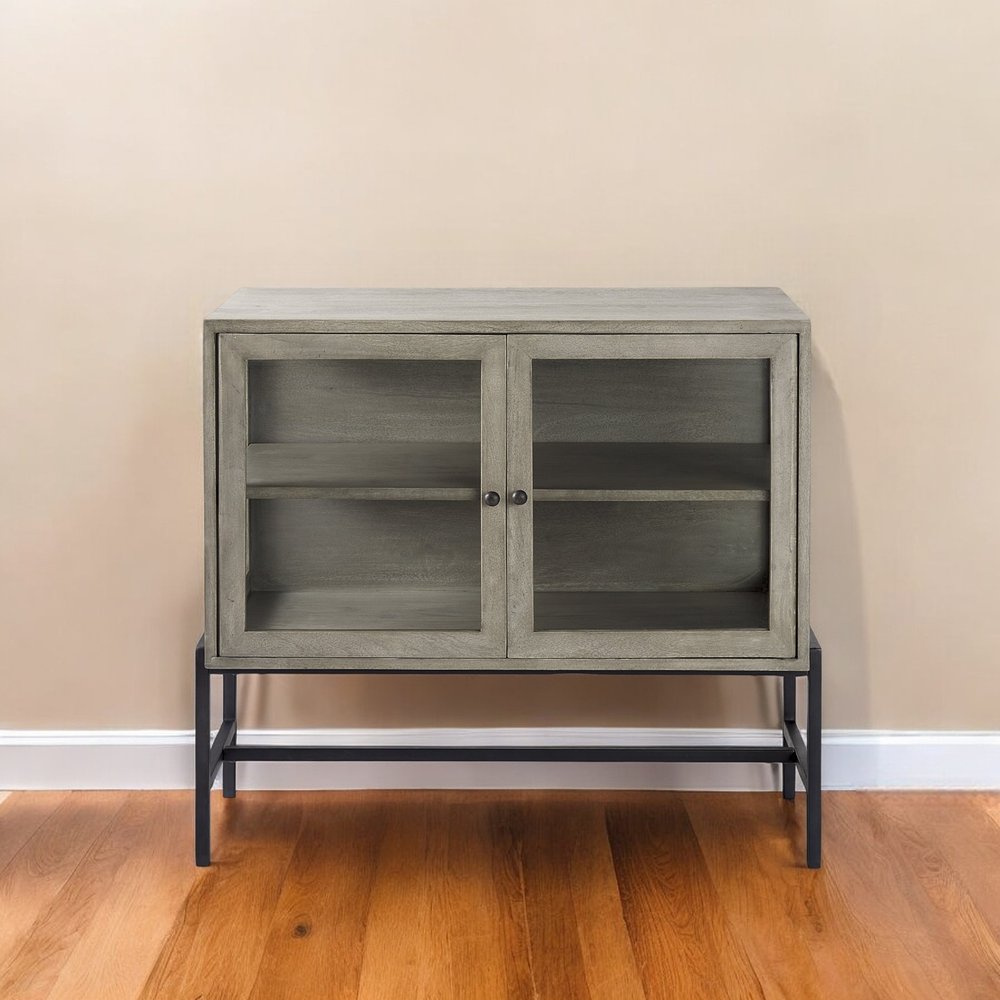 38" Gray Solid Wood Sideboard with Two Glass Doors HomeRoots