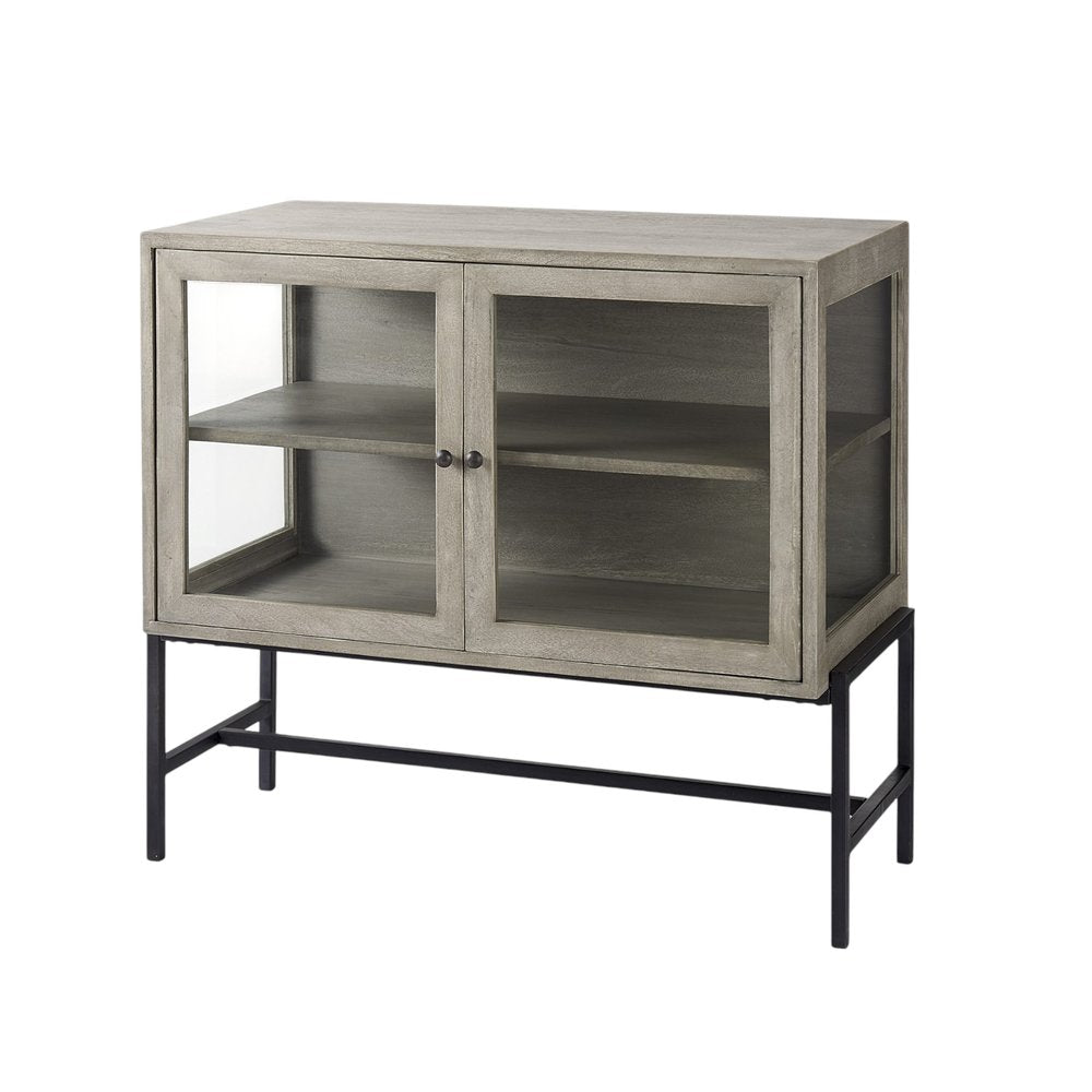 38" Gray Solid Wood Sideboard with Two Glass Doors HomeRoots