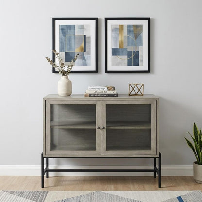 38" Gray Solid Wood Sideboard with Two Glass Doors HomeRoots