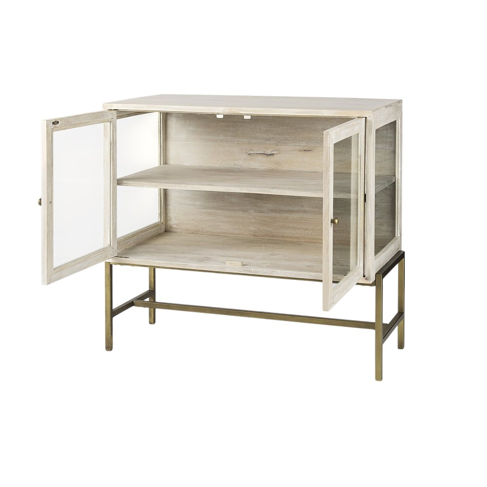 38" White Solid Wood Sideboard with Two Glass Doors HomeRoots