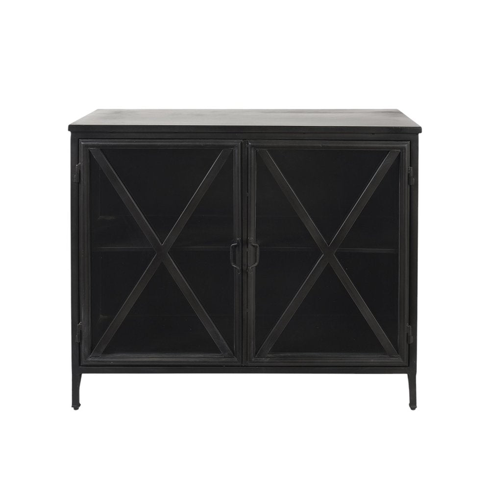 40" Black Iron Sideboard with Two Glass Doors HomeRoots