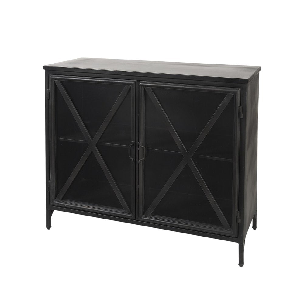 40" Black Iron Sideboard with Two Glass Doors HomeRoots