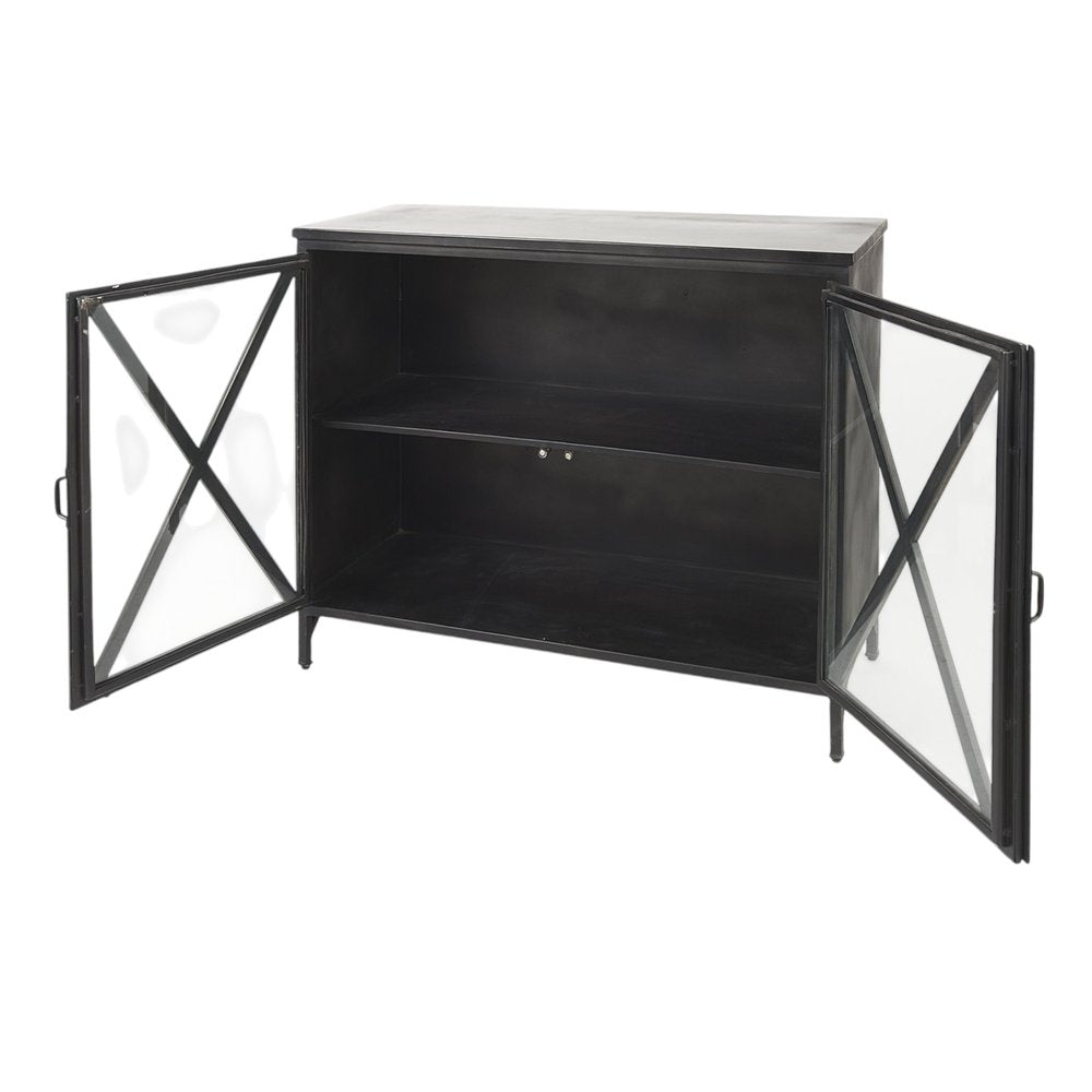 40" Black Iron Sideboard with Two Glass Doors HomeRoots