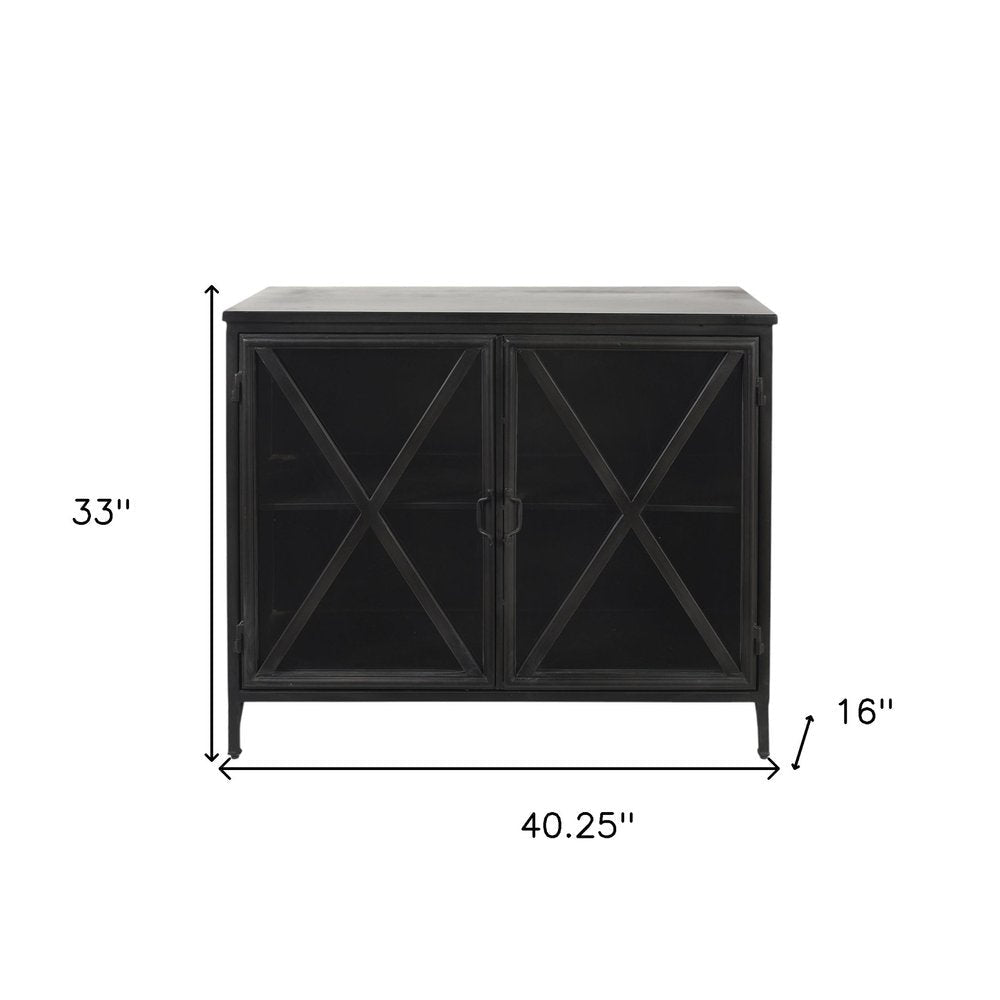 40" Black Iron Sideboard with Two Glass Doors HomeRoots