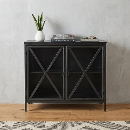 40" Black Iron Sideboard with Two Glass Doors HomeRoots