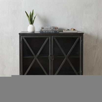 40" Black Iron Sideboard with Two Glass Doors HomeRoots