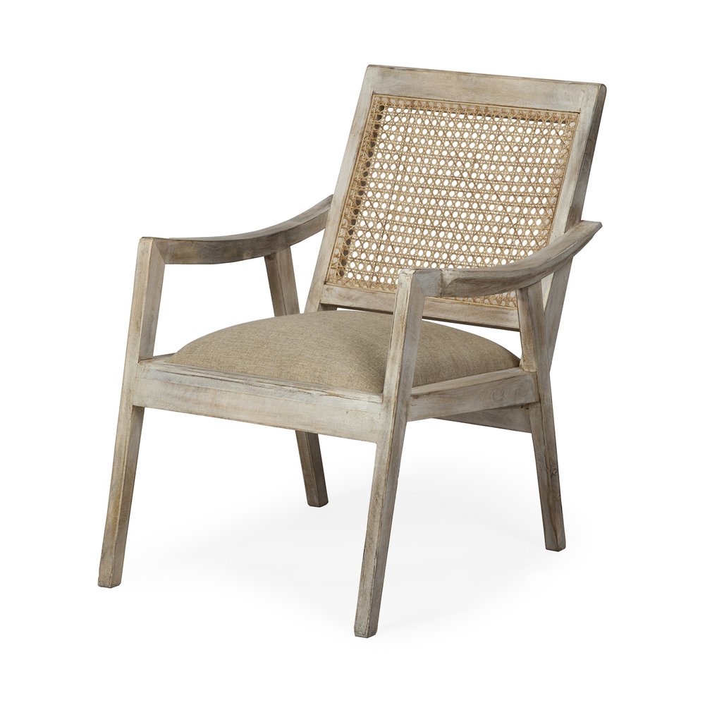 28" Cream and Natural Fabric Distressed Arm Chair HomeRoots