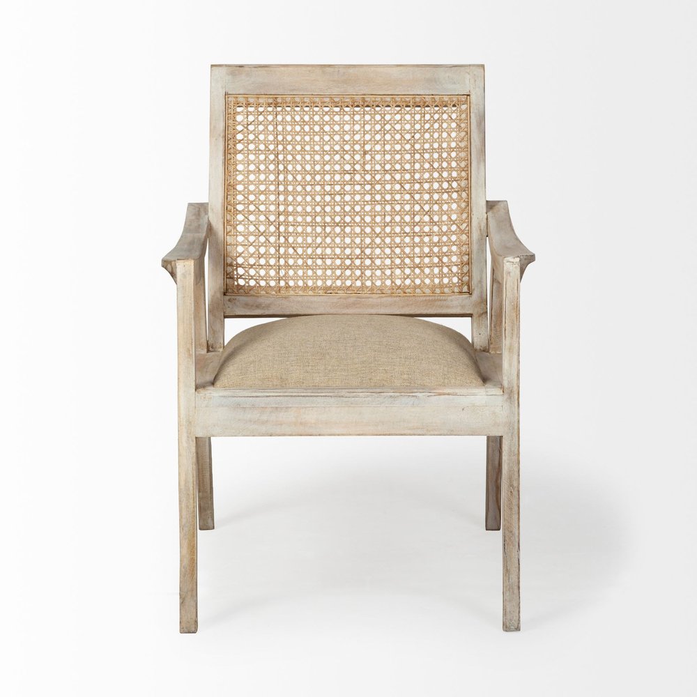 28" Cream and Natural Fabric Distressed Arm Chair HomeRoots